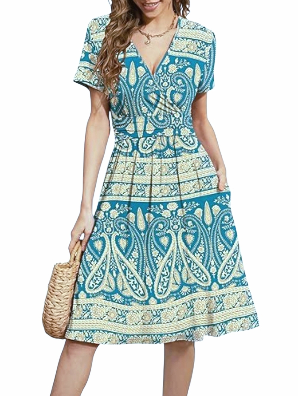Blue Paisley Wrap-Style Dress Size XL Lightweight Boho Summer Mediterranean